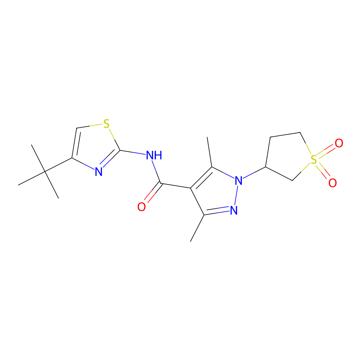 N-(4-(tert-butyl)thiazol-2-yl)-1-(1,1-dioxidotetrahydrothiophen-3-yl)-3,5-dimethyl-1H-pyrazole-4-carboxamide molecular structure, CAS 1401557-15-0