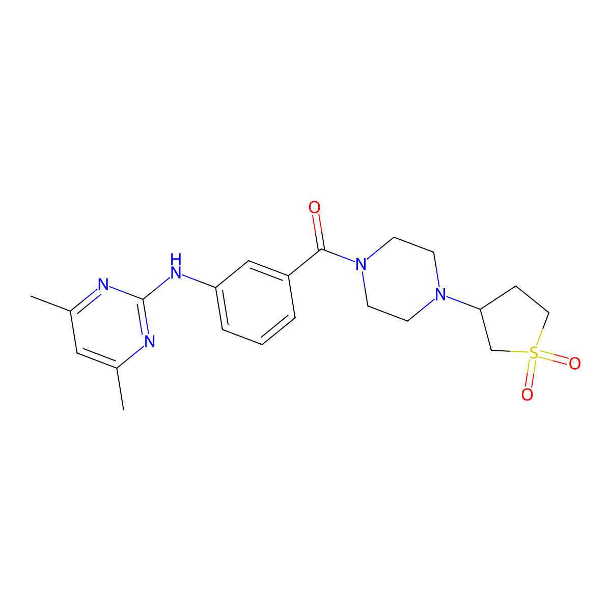 (3-((4,6-Dimethylpyrimidin-2-yl)amino)phenyl)(4-(1,1-dioxidotetrahydrothiophen-3-yl)piperazin-1-yl)methanone molecular structure, CAS 1401557-22-9