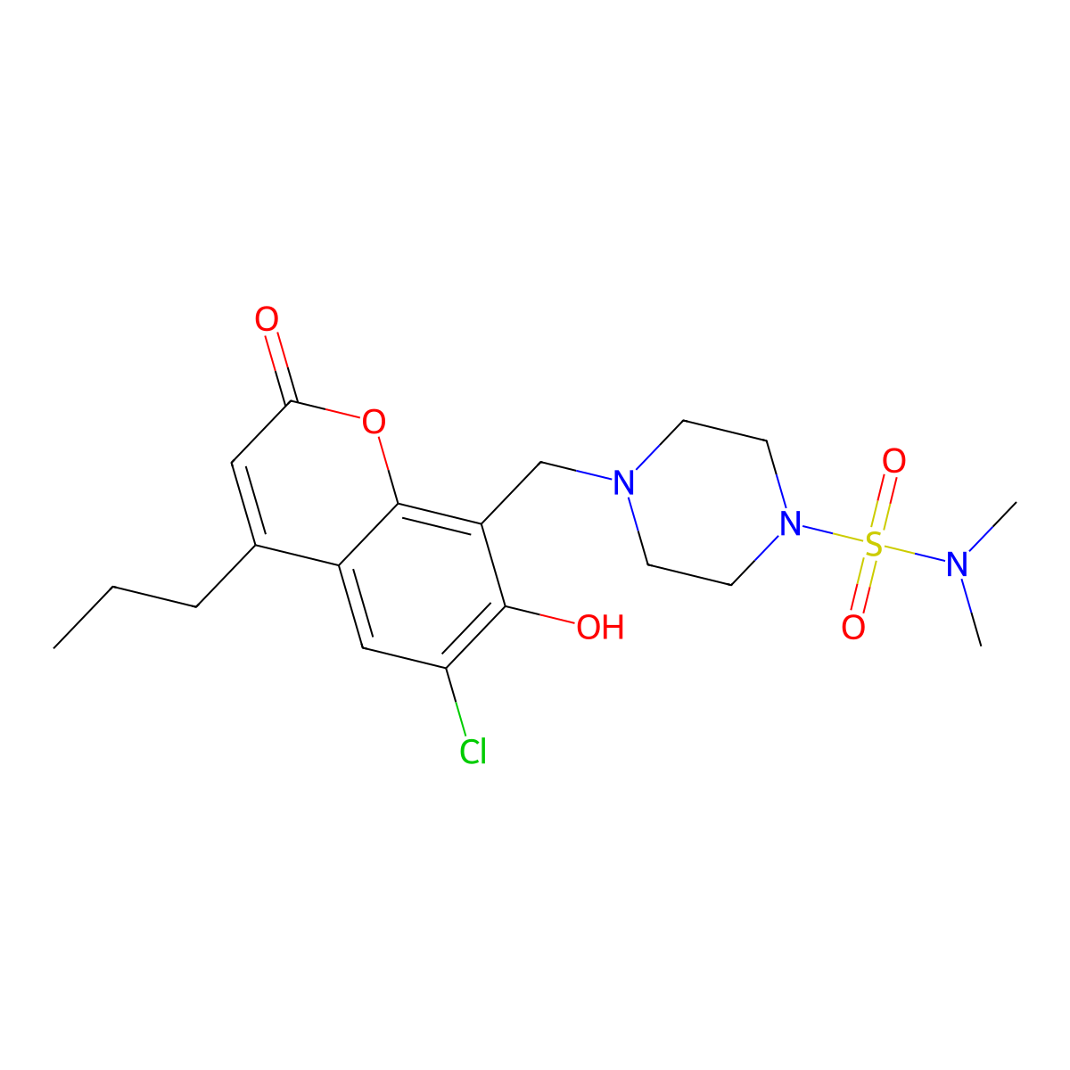 4-[(6-chloro-7-hydroxy-2-oxo-4-propyl-2H-chromen-8-yl)methyl]-N,N-dimethylpiperazine-1-sulfonamide molecular structure, CAS 1401557-40-1