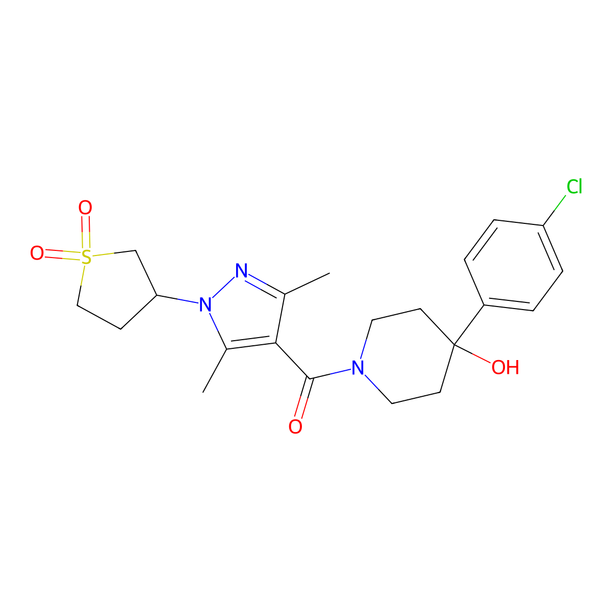 (4-(4-chlorophenyl)-4-hydroxypiperidin-1-yl)(1-(1,1-dioxidotetrahydrothiophen-3-yl)-3,5-dimethyl-1H-pyrazol-4-yl)methanone molecular structure, CAS 1401557-53-6
