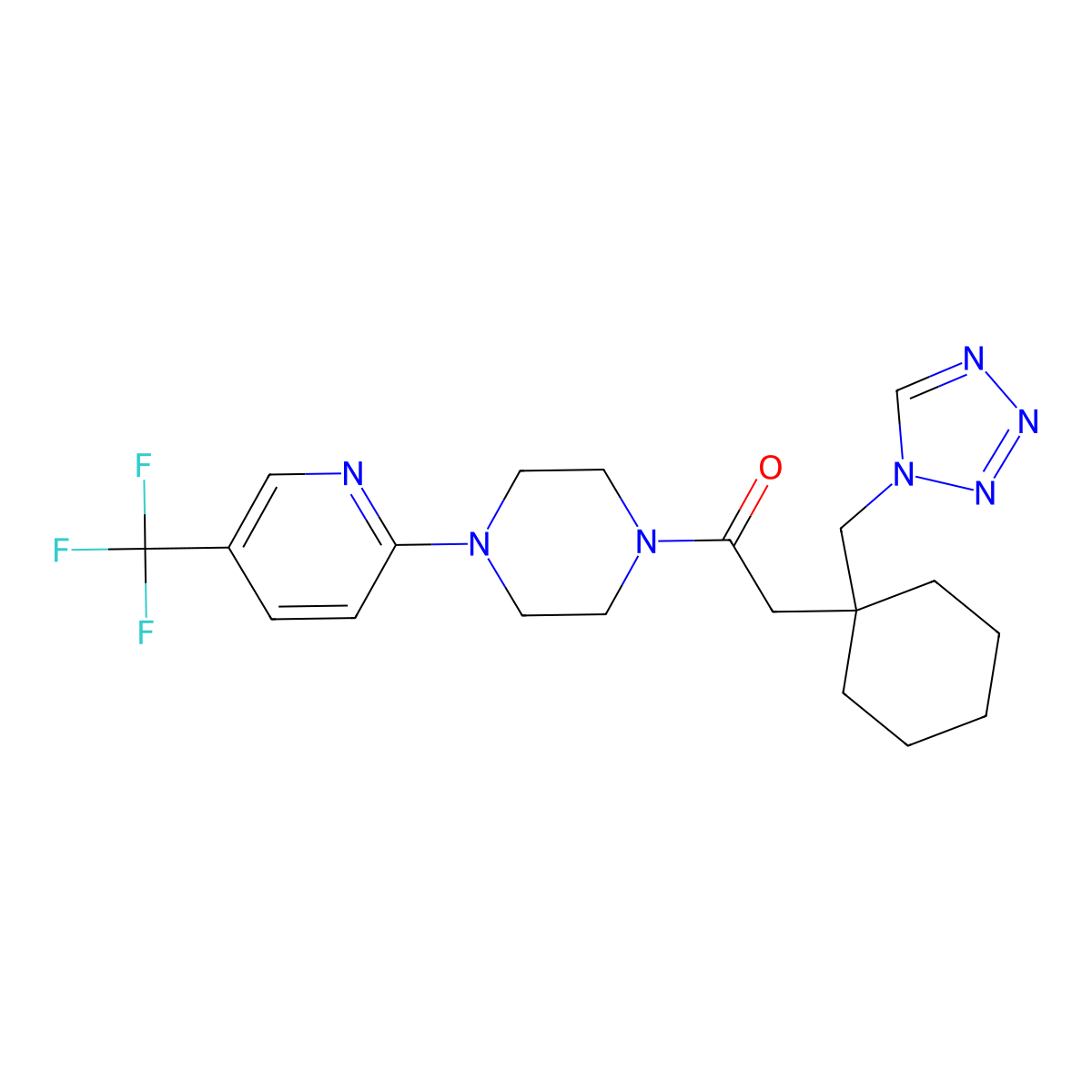 2-[1-(1H-tetrazol-1-ylmethyl)cyclohexyl]-1-{4-[5-(trifluoromethyl)pyridin-2-yl]piperazin-1-yl}ethanone molecular structure, CAS 1401557-73-0