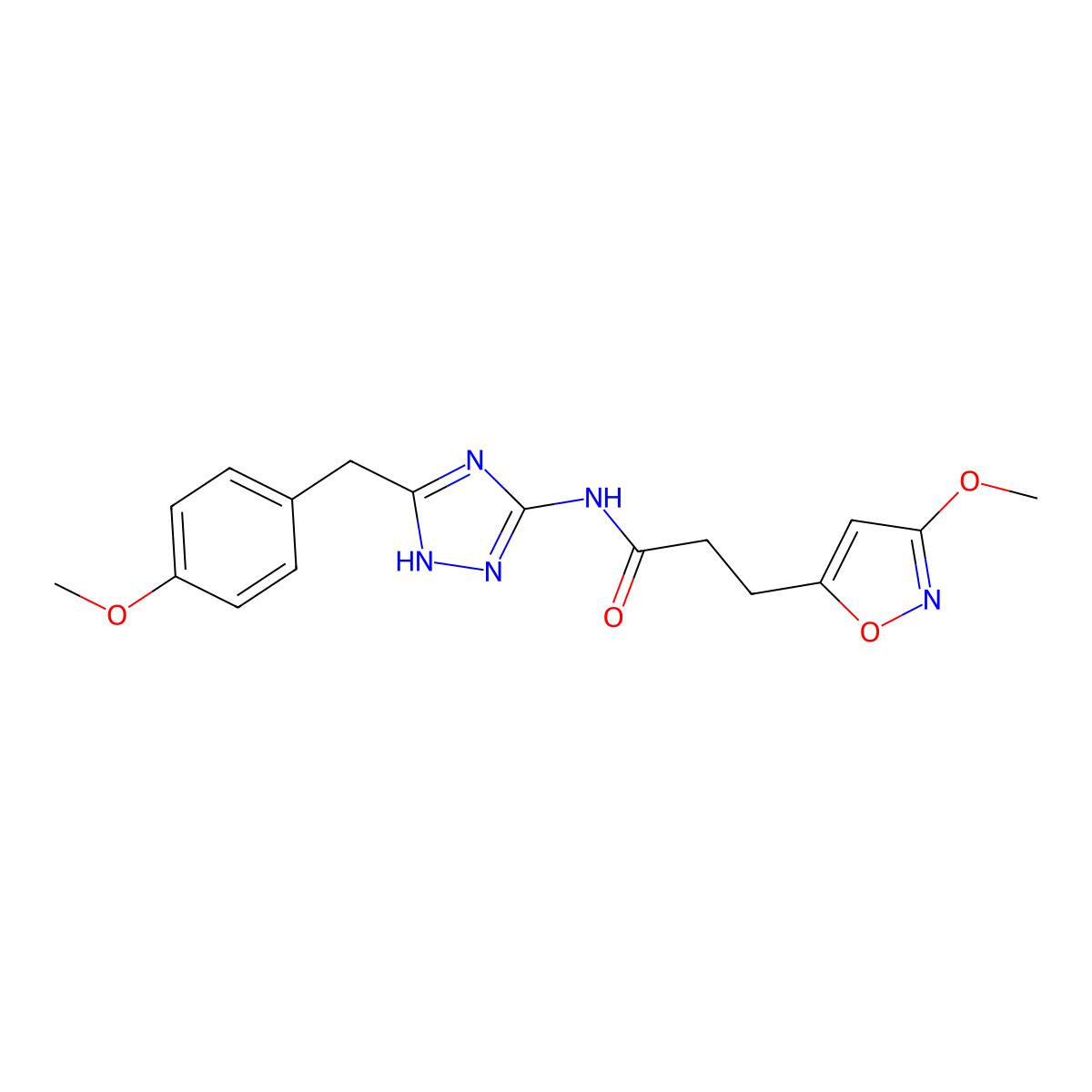 N-[3-(4-methoxybenzyl)-1H-1,2,4-triazol-5-yl]-3-(3-methoxy-1,2-oxazol-5-yl)propanamide molecular structure, CAS 1401557-76-3