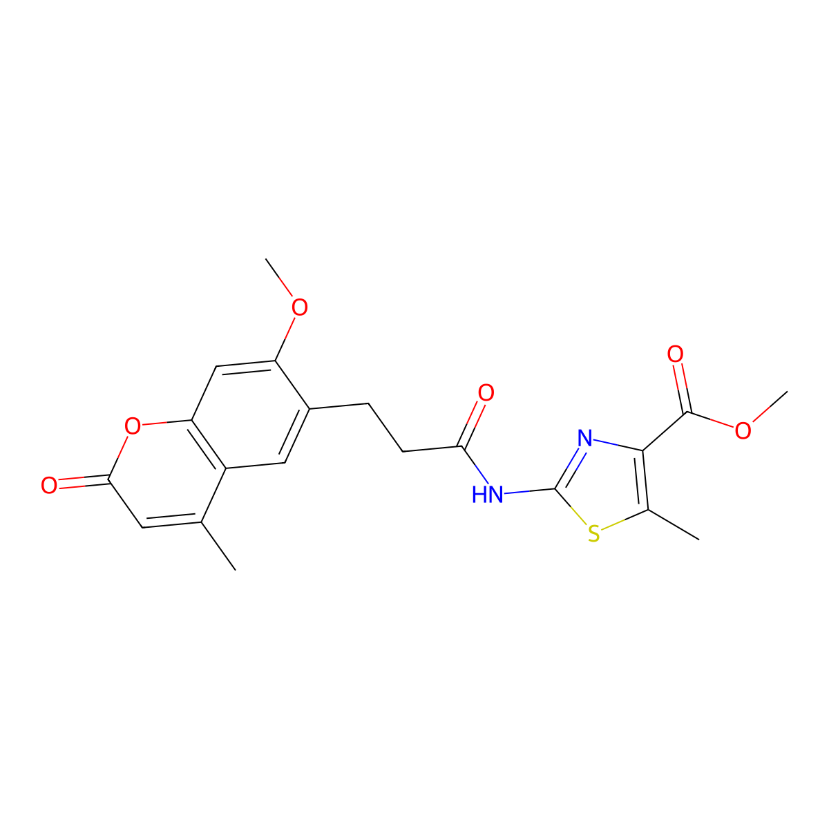 methyl 2-{[3-(7-methoxy-4-methyl-2-oxo-2H-chromen-6-yl)propanoyl]amino}-5-methyl-1,3-thiazole-4-carboxylate molecular structure, CAS 1401558-11-9