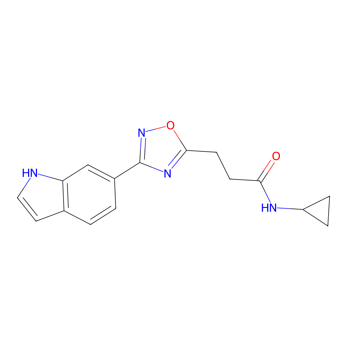 N-cyclopropyl-3-[3-(1H-indol-6-yl)-1,2,4-oxadiazol-5-yl]propanamide molecular structure, CAS 1401558-24-4