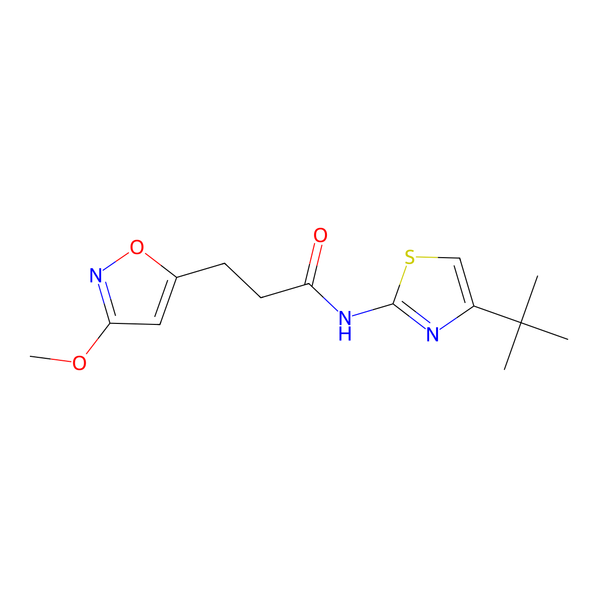 N-(4-tert-butyl-1,3-thiazol-2-yl)-3-(3-methoxy-1,2-oxazol-5-yl)propanamide molecular structure, CAS 1401559-55-4
