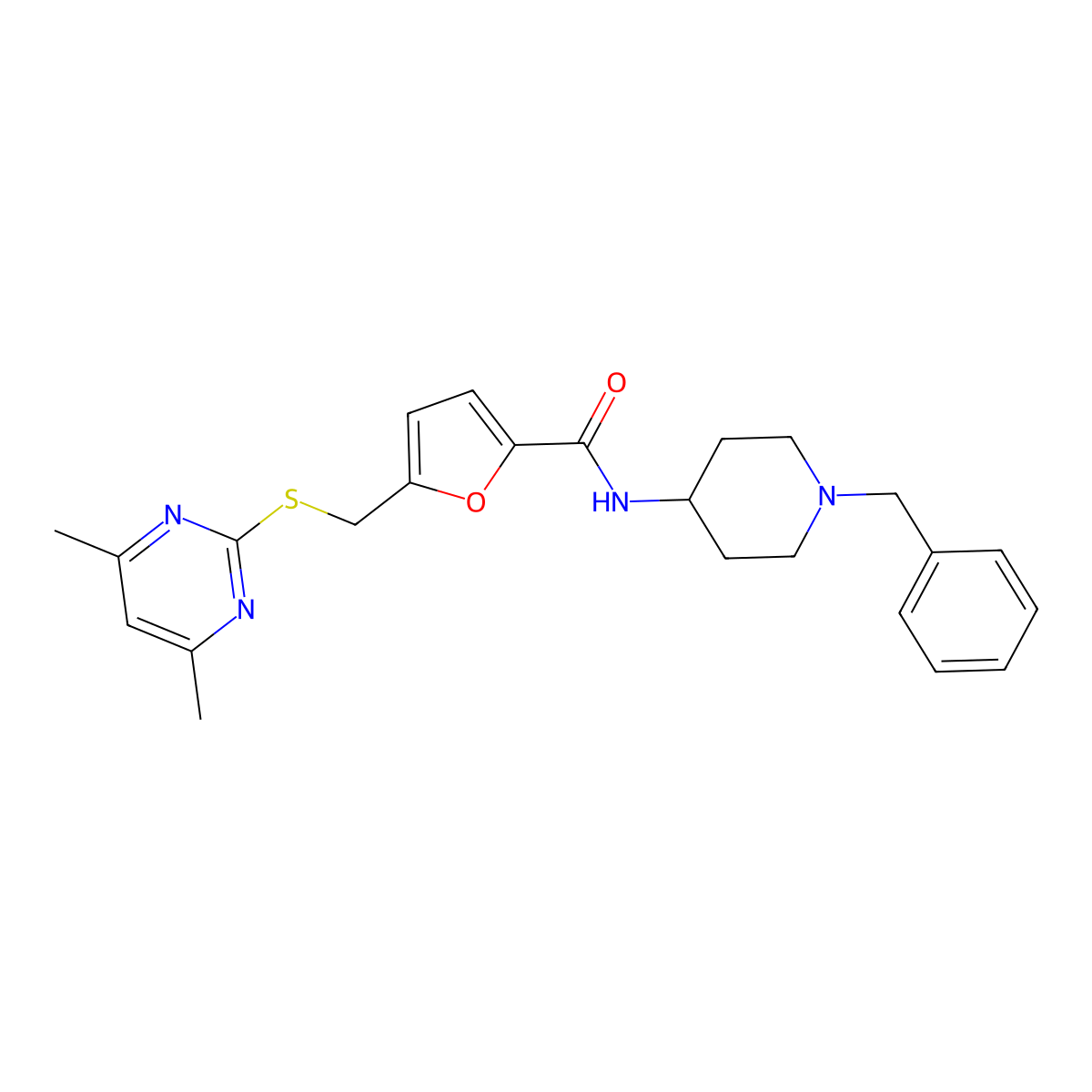 N-(1-benzylpiperidin-4-yl)-5-{[(4,6-dimethylpyrimidin-2-yl)sulfanyl]methyl}furan-2-carboxamide molecular structure, CAS 1401559-63-4