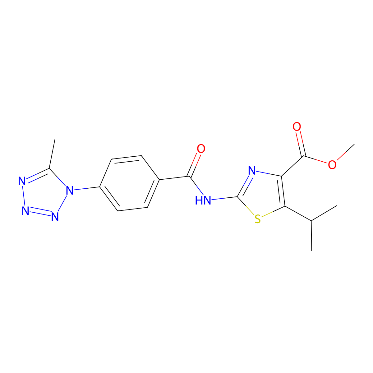 methyl 2-({[4-(5-methyl-1H-tetrazol-1-yl)phenyl]carbonyl}amino)-5-(propan-2-yl)-1,3-thiazole-4-carboxylate molecular structure, CAS 1401559-77-0