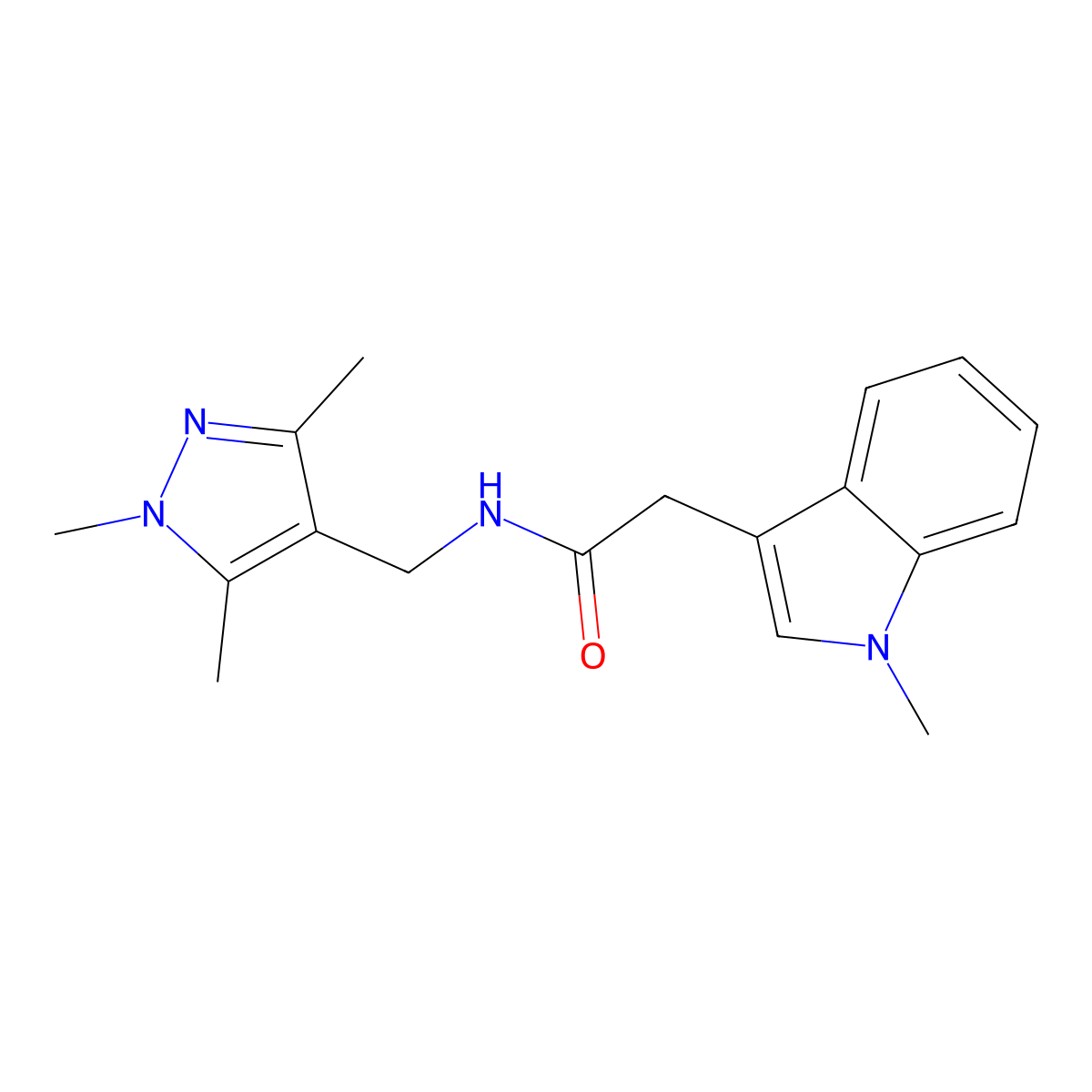 2-(1-methyl-1H-indol-3-yl)-N-[(1,3,5-trimethyl-1H-pyrazol-4-yl)methyl]acetamide molecular structure, CAS 1401559-87-2