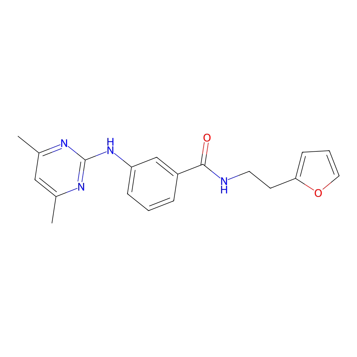 3-((4,6-dimethylpyrimidin-2-yl)amino)-N-(2-(furan-2-yl)ethyl)benzamide molecular structure, CAS 1401560-47-1