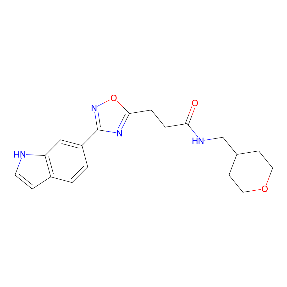 3-[3-(1H-indol-6-yl)-1,2,4-oxadiazol-5-yl]-N-(tetrahydro-2H-pyran-4-ylmethyl)propanamide molecular structure, CAS 1401561-15-6