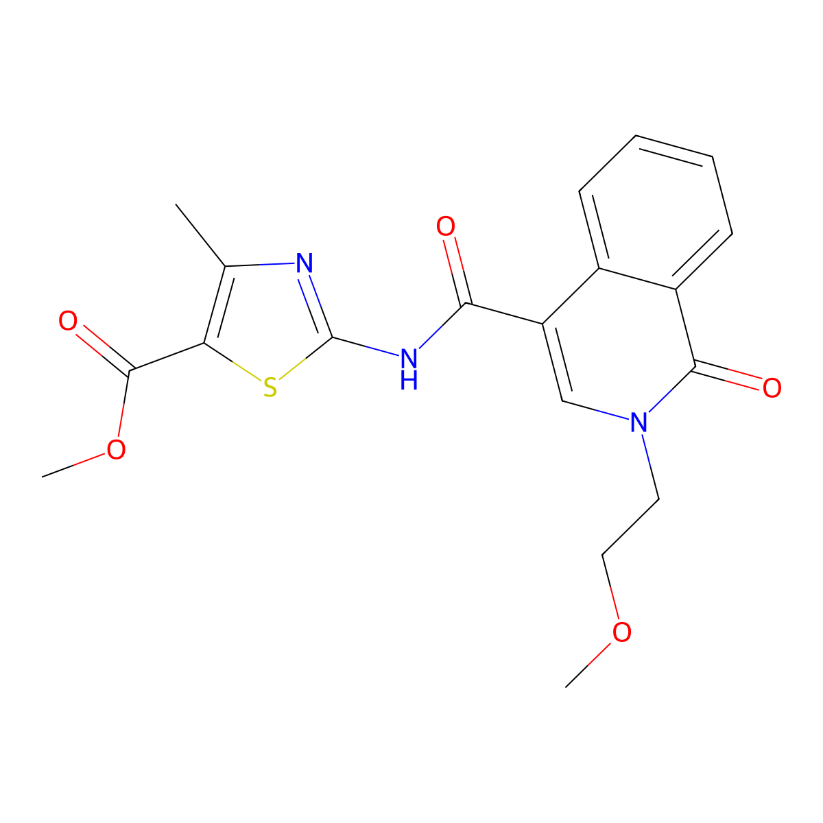 Methyl 2-({[2-(2-methoxyethyl)-1-oxo-1,2-dihydroisoquinolin-4-yl]carbonyl}amino)-4-methyl-1,3-thiazole-5-carboxylate molecular structure, CAS 1401561-18-9