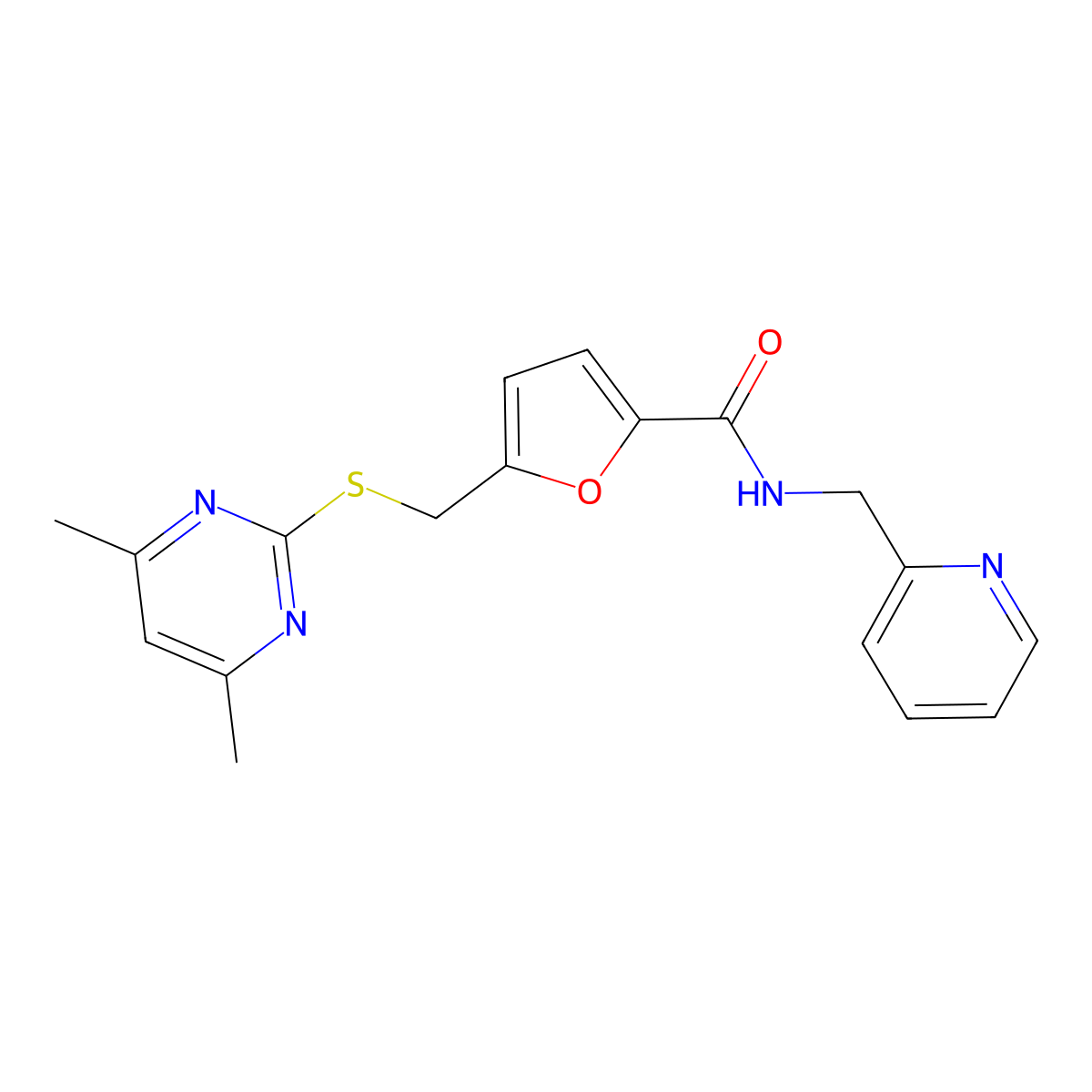 5-{[(4,6-dimethylpyrimidin-2-yl)sulfanyl]methyl}-N-(pyridin-2-ylmethyl)furan-2-carboxamide molecular structure, CAS 1401561-27-0