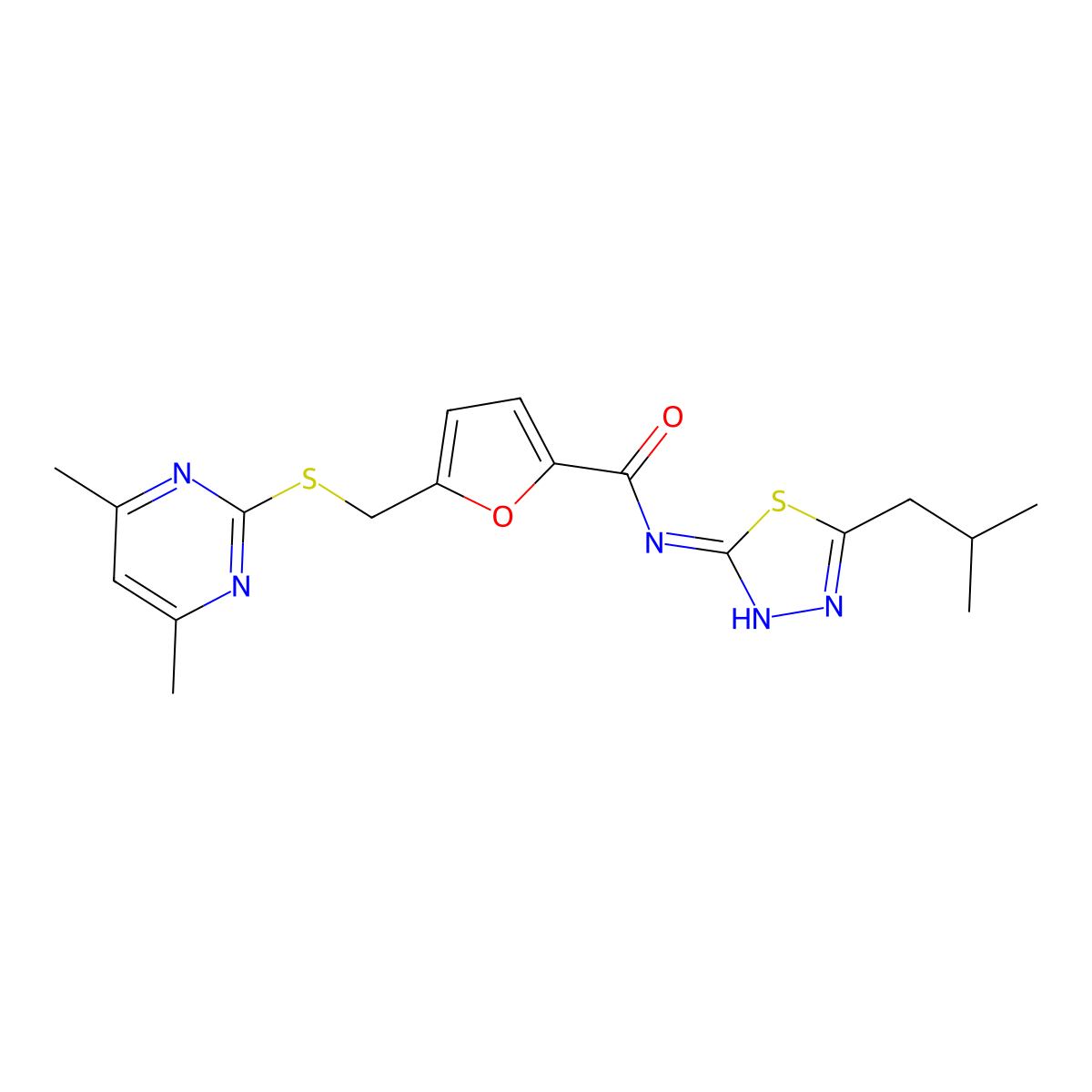 5-(((4,6-dimethylpyrimidin-2-yl)thio)methyl)-N-(5-isobutyl-1,3,4-thiadiazol-2-yl)furan-2-carboxamide molecular structure, CAS 1401561-28-1