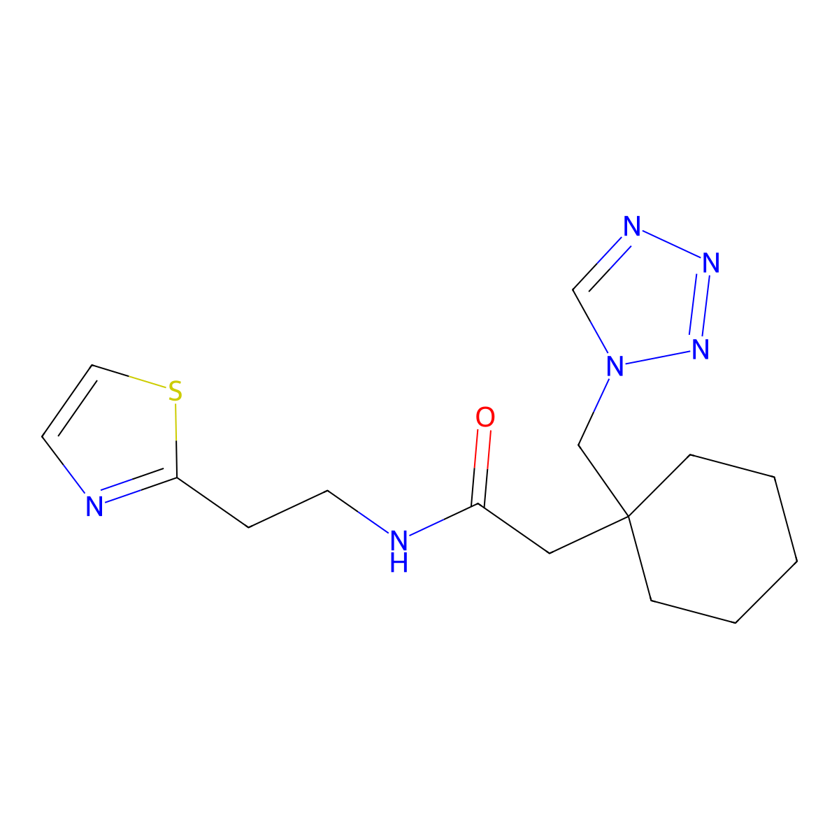 2-[1-(1H-1,2,3,4-tetraazol-1-ylmethyl)cyclohexyl]-N-[2-(1,3-thiazol-2-yl)ethyl]acetamide molecular structure, CAS 1401564-90-6