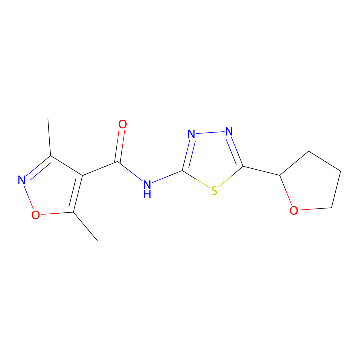 3,5-dimethyl-N-(5-(tetrahydrofuran-2-yl)-1,3,4-thiadiazol-2-yl)isoxazole-4-carboxamide molecular structure, CAS 1401565-03-4