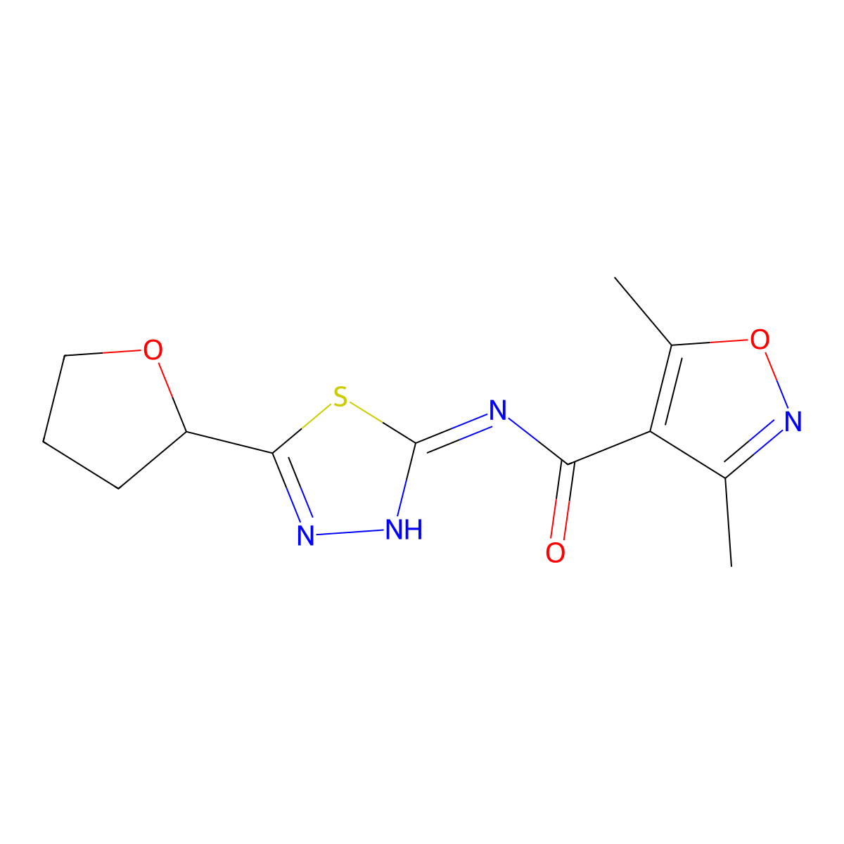 3,5-dimethyl-N-(5-(tetrahydrofuran-2-yl)-1,3,4-thiadiazol-2-yl)isoxazole-4-carboxamide molecular structure, CAS 1401565-03-4