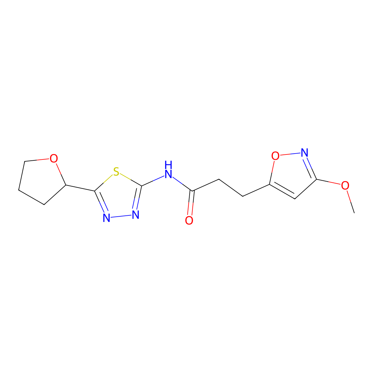 3-(3-methoxyisoxazol-5-yl)-N-(5-(tetrahydrofuran-2-yl)-1,3,4-thiadiazol-2-yl)propanamide molecular structure, CAS 1401565-36-3