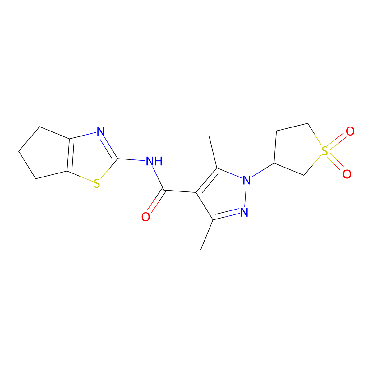N-(5,6-dihydro-4H-cyclopenta[d][1,3]thiazol-2-yl)-1-(1,1-dioxidotetrahydrothiophen-3-yl)-3,5-dimethyl-1H-pyrazole-4-carboxamide molecular structure, CAS 1401565-98-7