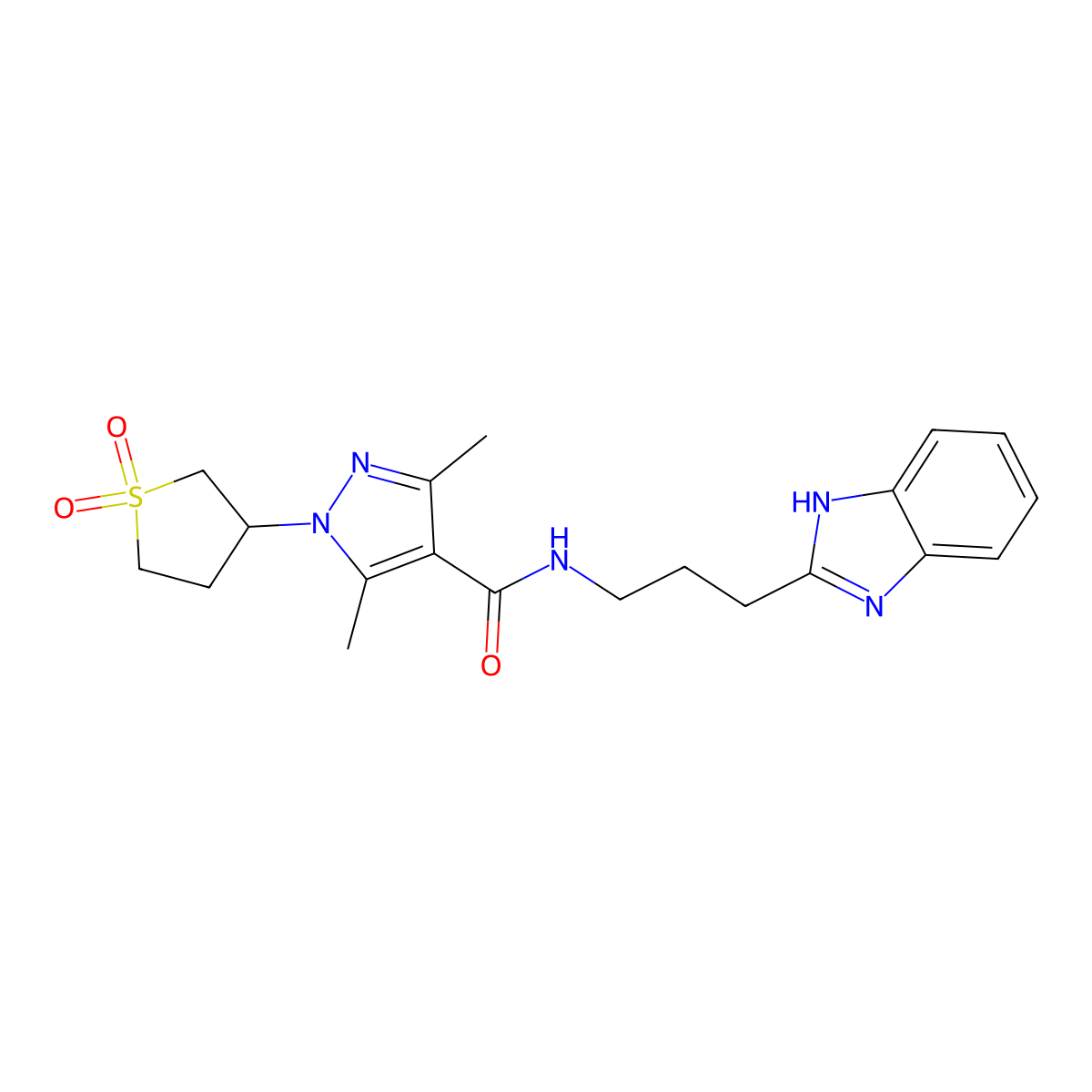 N-(3-(1H-benzo[d]imidazol-2-yl)propyl)-1-(1,1-dioxidotetrahydrothiophen-3-yl)-3,5-dimethyl-1H-pyrazole-4-carboxamide molecular structure, CAS 1401567-91-6