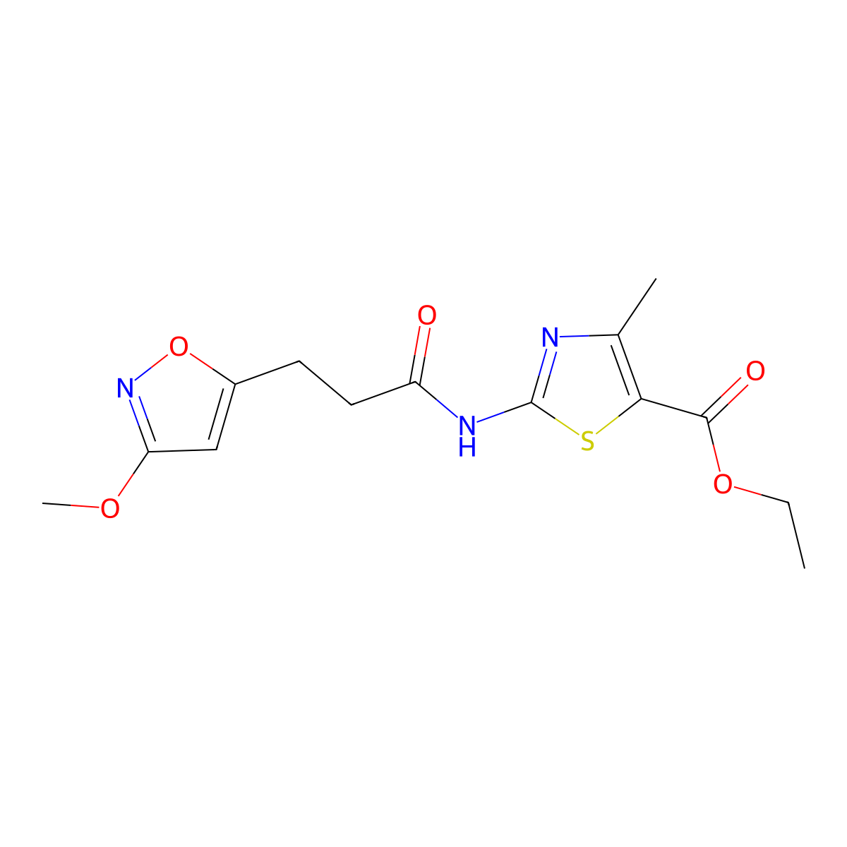 Ethyl 2-{[3-(3-methoxy-1,2-oxazol-5-yl)propanoyl]amino}-4-methyl-1,3-thiazole-5-carboxylate molecular structure, CAS 1401568-02-2