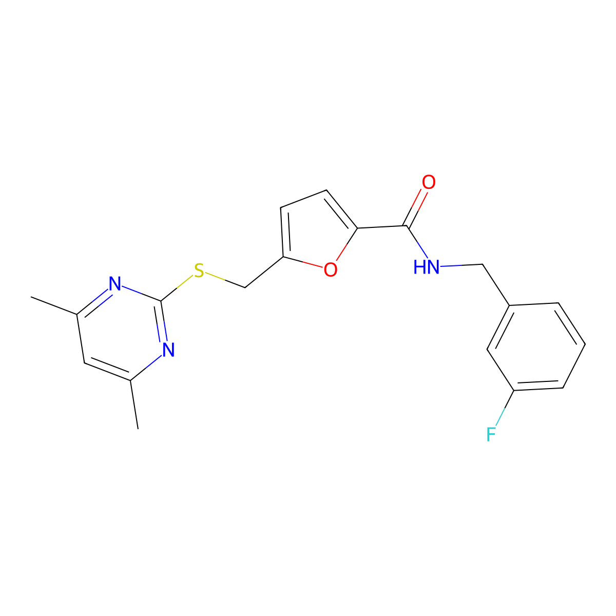 5-{[(4,6-dimethylpyrimidin-2-yl)sulfanyl]methyl}-N-(3-fluorobenzyl)furan-2-carboxamide molecular structure, CAS 1401568-18-0
