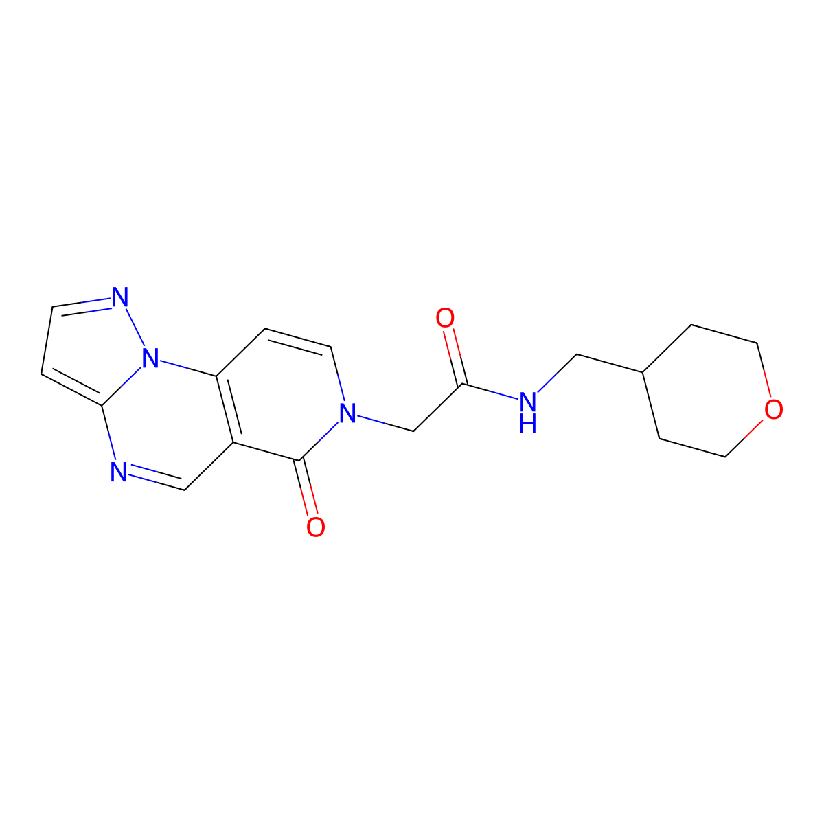 2-(6-oxopyrazolo[1,5-a]pyrido[3,4-e]pyrimidin-7(6H)-yl)-N-(tetrahydro-2H-pyran-4-ylmethyl)acetamide molecular structure, CAS 1401568-68-0