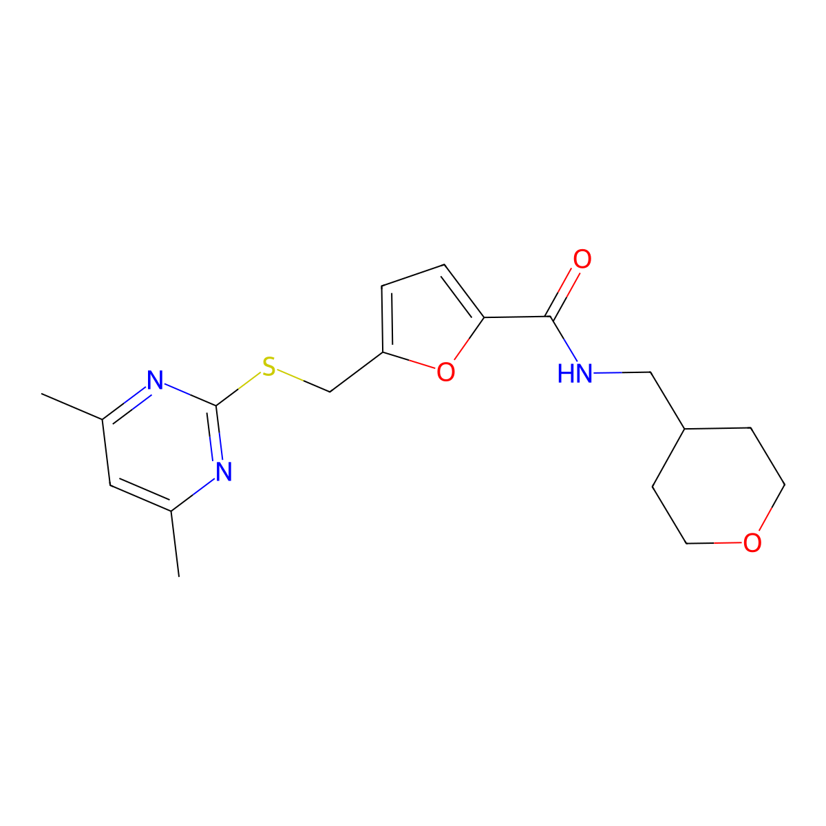 5-{[(4,6-dimethylpyrimidin-2-yl)sulfanyl]methyl}-N-(tetrahydro-2H-pyran-4-ylmethyl)furan-2-carboxamide molecular structure, CAS 1401568-89-5