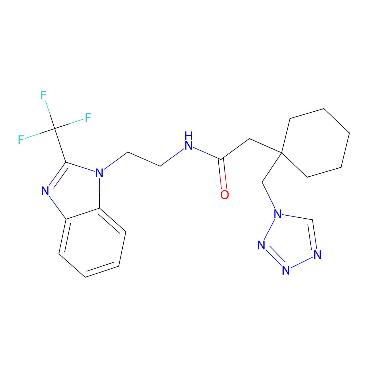 2-[1-(1H-1,2,3,4-tetraazol-1-ylmethyl)cyclohexyl]-N-{2-[2-(trifluoromethyl)-1H-1,3-benzimidazol-1-yl]ethyl}acetamide molecular structure, CAS 1401568-96-4