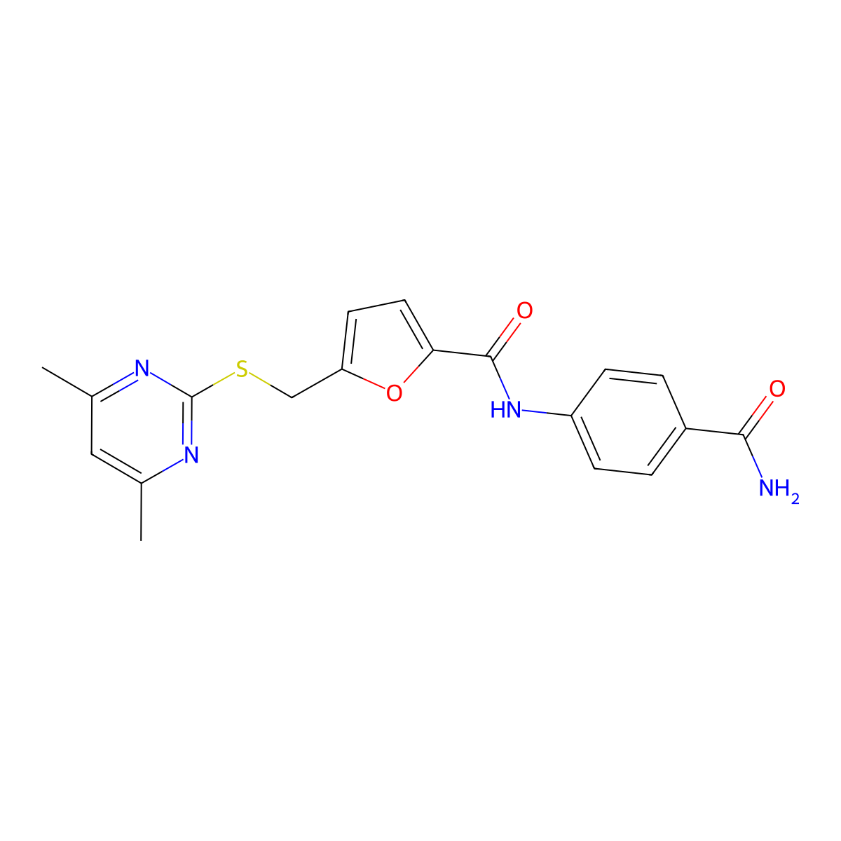 N-(4-carbamoylphenyl)-5-{[(4,6-dimethylpyrimidin-2-yl)sulfanyl]methyl}furan-2-carboxamide molecular structure, CAS 1401569-19-4