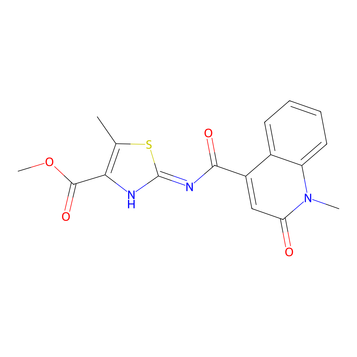 Methyl 5-methyl-2-{[(1-methyl-2-oxo-1,2-dihydroquinolin-4-yl)carbonyl]amino}-1,3-thiazole-4-carboxylate molecular structure, CAS 1401569-60-5