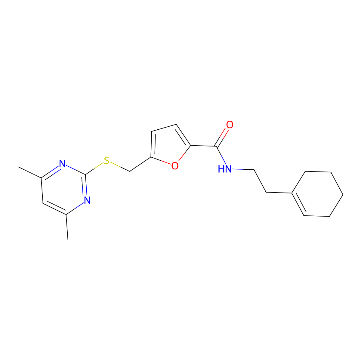 N-[2-(cyclohex-1-en-1-yl)ethyl]-5-{[(4,6-dimethylpyrimidin-2-yl)sulfanyl]methyl}furan-2-carboxamide molecular structure, CAS 1401572-87-9