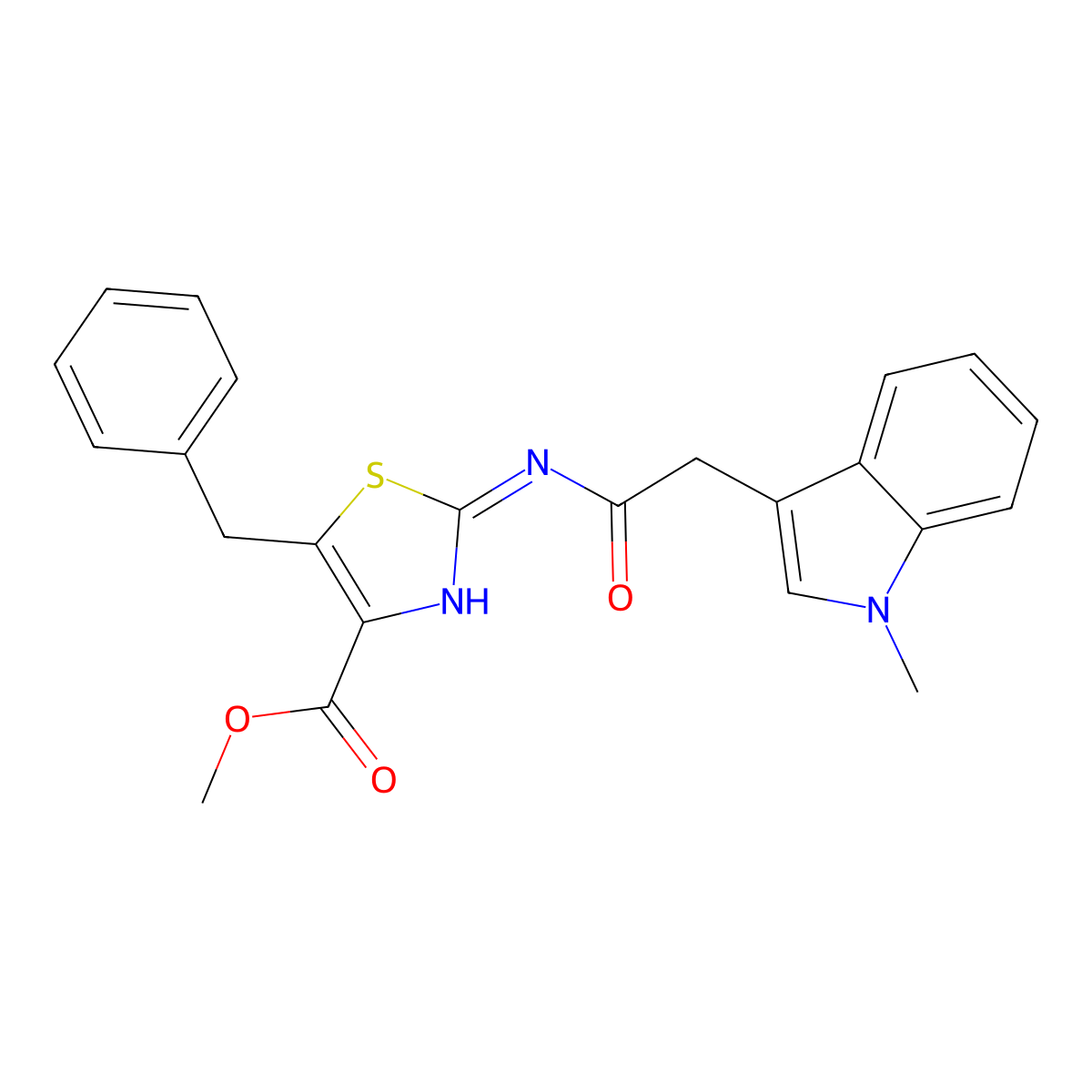methyl (2E)-5-benzyl-2-{[(1-methyl-1H-indol-3-yl)acetyl]imino}-2,3-dihydro-1,3-thiazole-4-carboxylate molecular structure, CAS 1401572-90-4