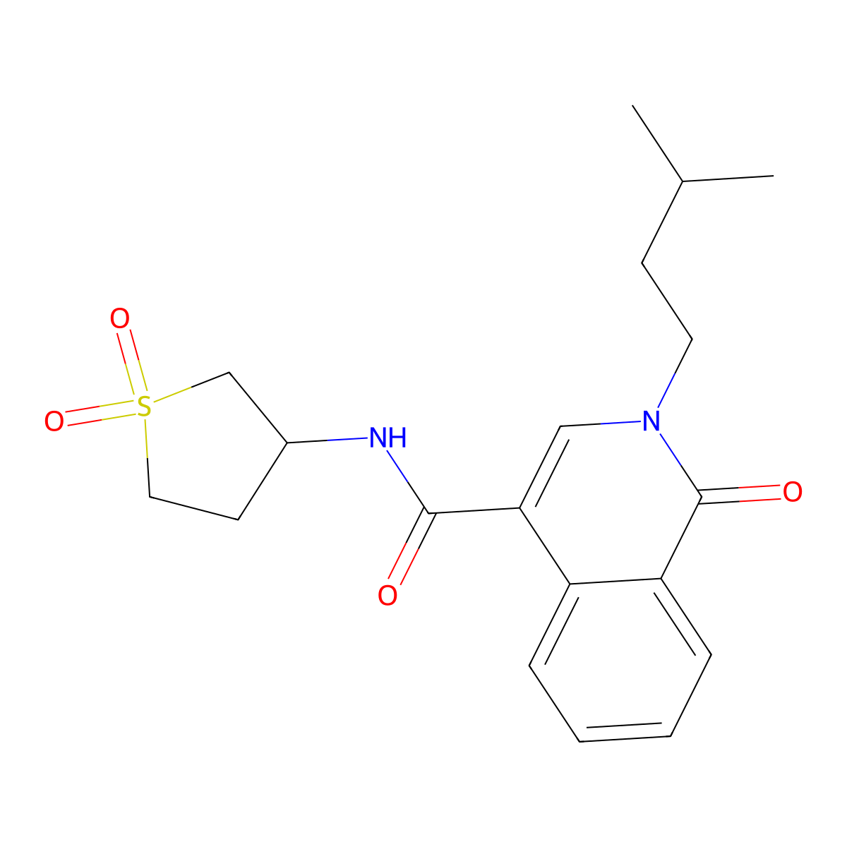 N-(1,1-dioxidotetrahydrothiophen-3-yl)-2-(3-methylbutyl)-1-oxo-1,2-dihydroisoquinoline-4-carboxamide molecular structure, CAS 1401573-39-4
