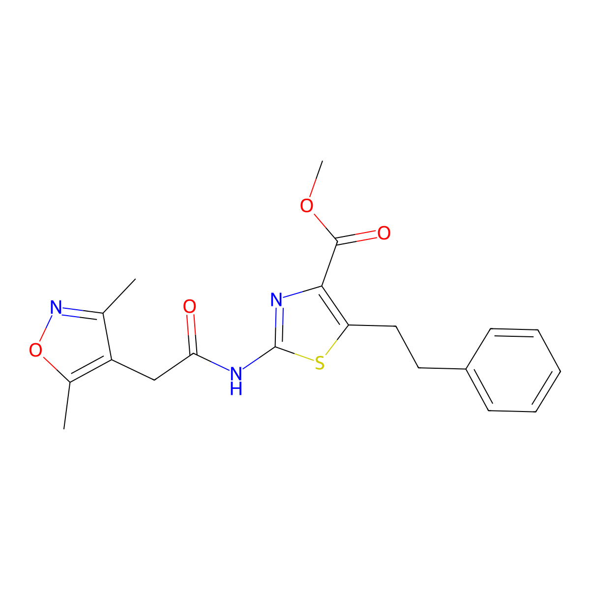 Methyl 2-{[(3,5-dimethyl-1,2-oxazol-4-yl)acetyl]amino}-5-(2-phenylethyl)-1,3-thiazole-4-carboxylate molecular structure, CAS 1401573-76-9