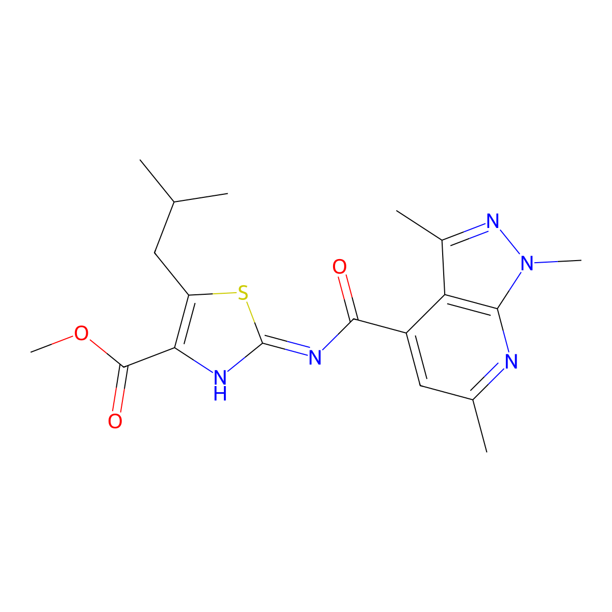methyl (2Z)-5-(2-methylpropyl)-2-{[(1,3,6-trimethyl-1H-pyrazolo[3,4-b]pyridin-4-yl)carbonyl]imino}-2,3-dihydro-1,3-thiazole-4-carboxylate molecular structure, CAS 1401574-02-4