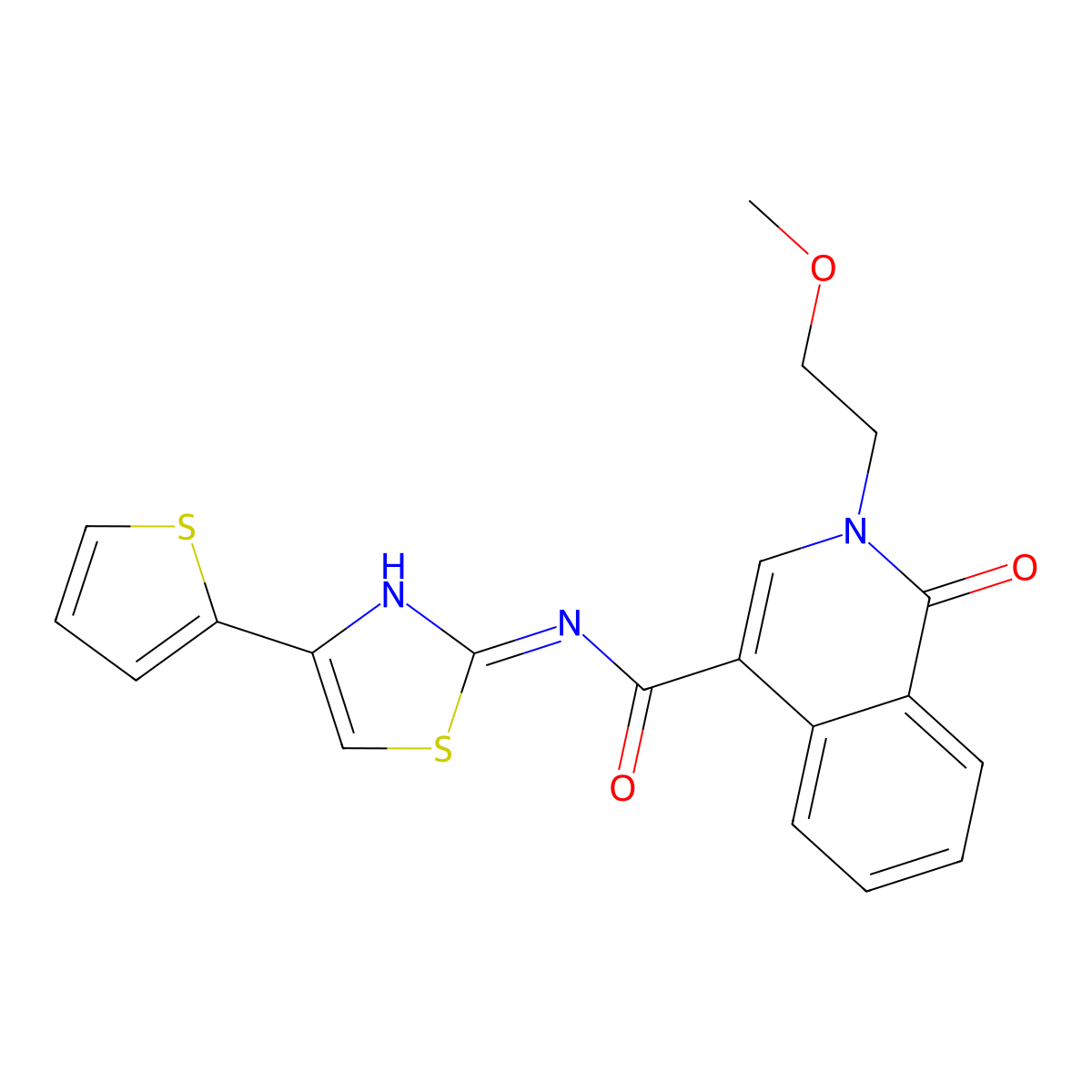 2-(2-methoxyethyl)-1-oxo-N-(4-(thiophen-2-yl)thiazol-2-yl)-1,2-dihydroisoquinoline-4-carboxamide molecular structure, CAS 1401574-56-8