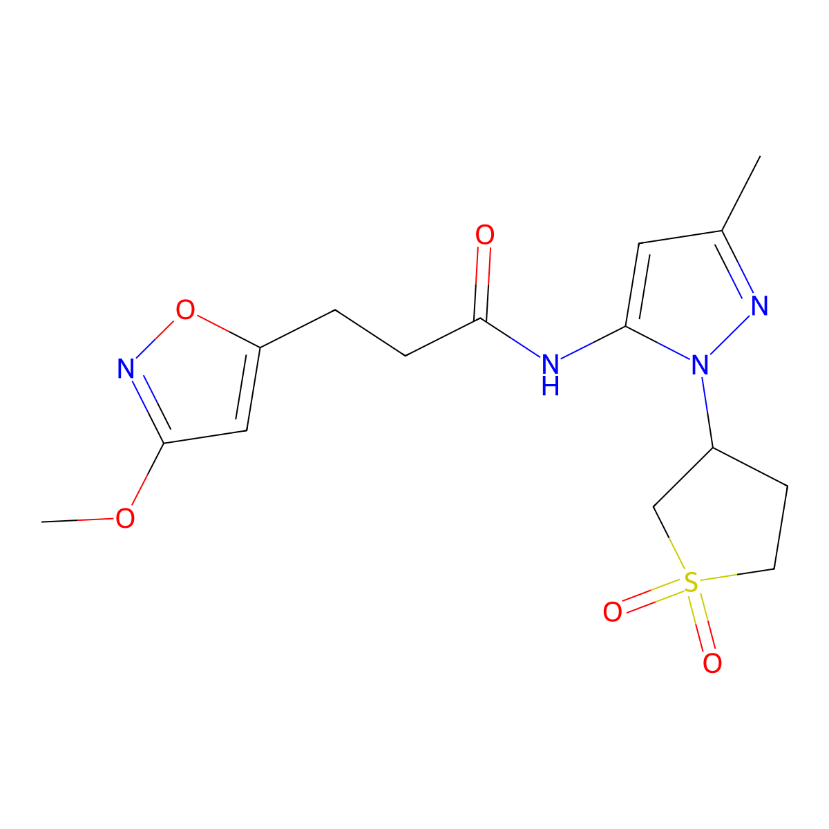 N-[1-(1,1-dioxidotetrahydrothiophen-3-yl)-3-methyl-1H-pyrazol-5-yl]-3-(3-methoxy-1,2-oxazol-5-yl)propanamide molecular structure, CAS 1401575-36-7