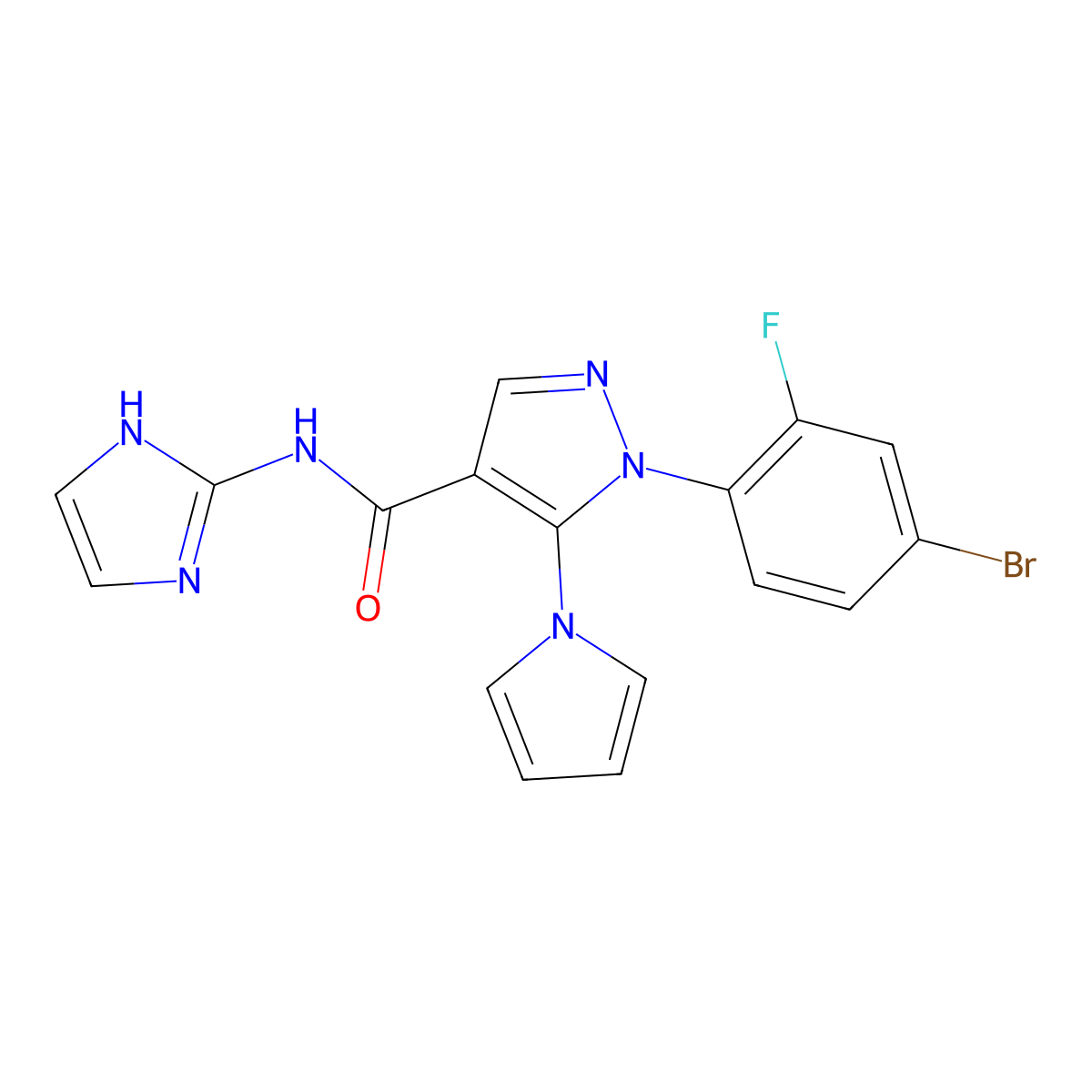 1-(4-bromo-2-fluorophenyl)-N-(1H-imidazol-2-yl)-5-(1H-pyrrol-1-yl)-1H-pyrazole-4-carboxamide molecular structure, CAS 1401575-56-1
