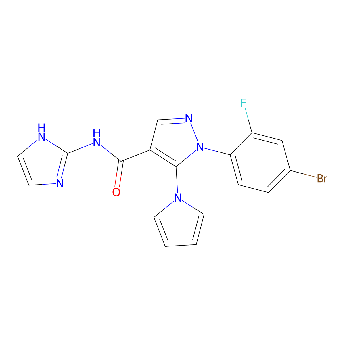 1-(4-bromo-2-fluorophenyl)-N-(1H-imidazol-2-yl)-5-(1H-pyrrol-1-yl)-1H-pyrazole-4-carboxamide molecular structure, CAS 1401575-56-1
