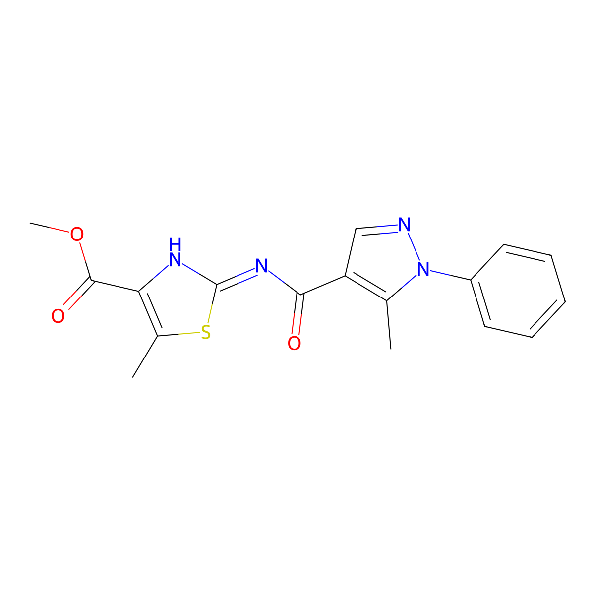 methyl 5-methyl-2-{[(5-methyl-1-phenyl-1H-pyrazol-4-yl)carbonyl]amino}-1,3-thiazole-4-carboxylate molecular structure, CAS 1401575-68-5