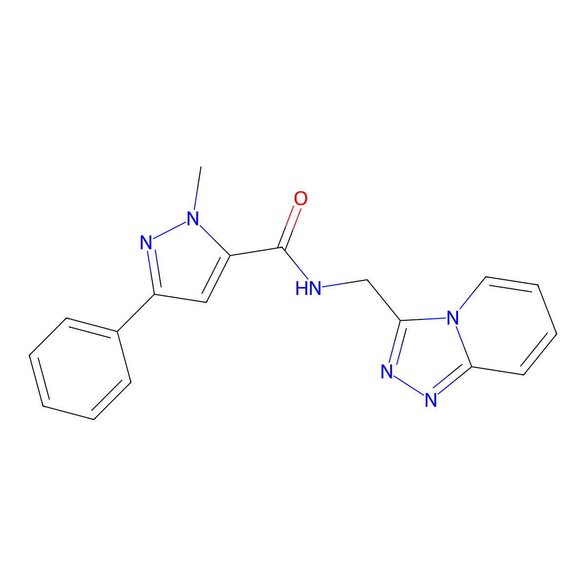1-methyl-3-phenyl-N-([1,2,4]triazolo[4,3-a]pyridin-3-ylmethyl)-1H-pyrazole-5-carboxamide molecular structure, CAS 1401575-74-3
