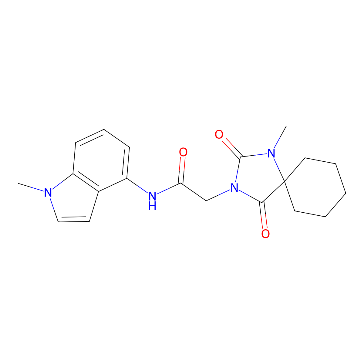 2-(1-methyl-2,4-dioxo-1,3-diazaspiro[4.5]dec-3-yl)-N-(1-methyl-1H-indol-4-yl)acetamide molecular structure, CAS 1401576-00-8