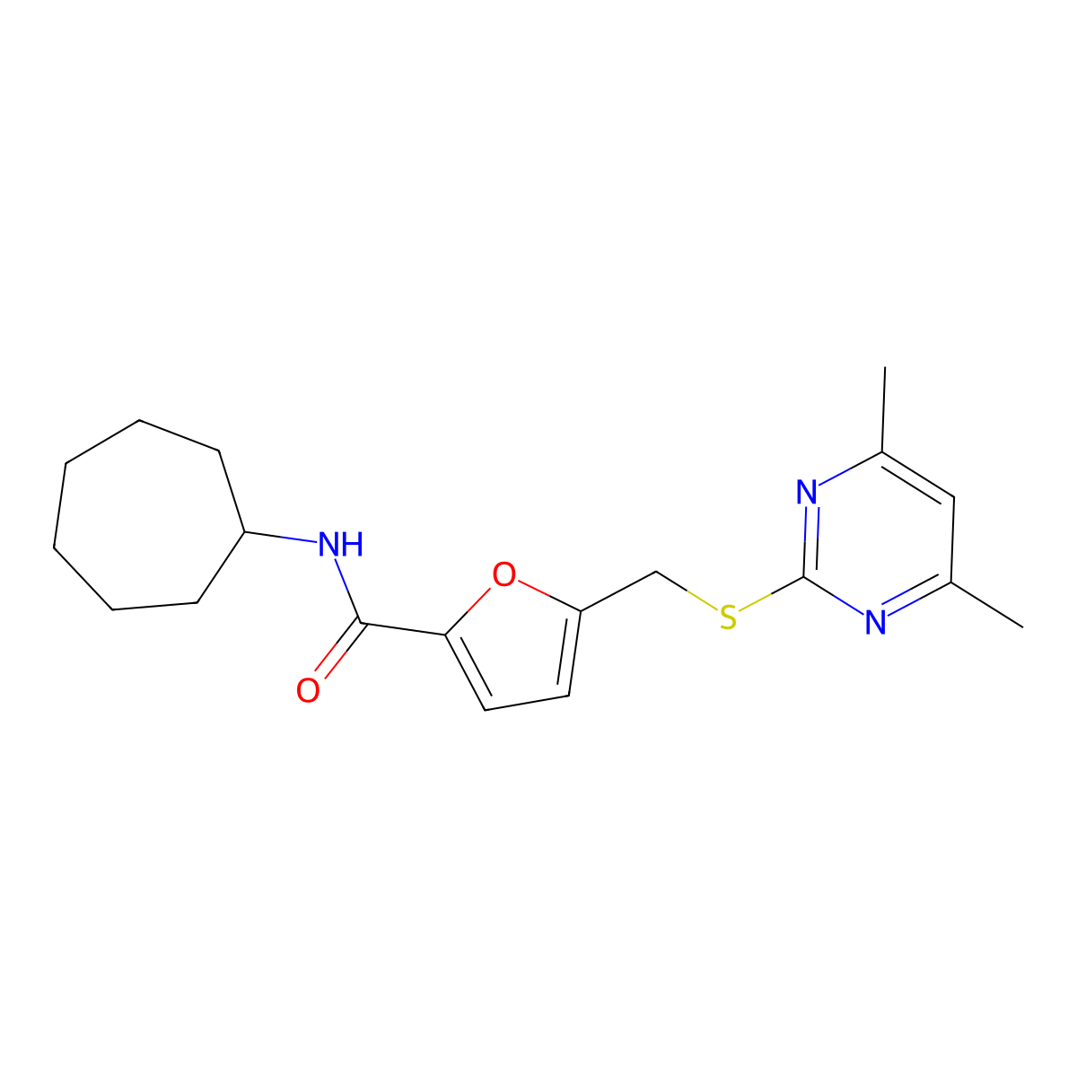 N-cycloheptyl-5-{[(4,6-dimethylpyrimidin-2-yl)sulfanyl]methyl}furan-2-carboxamide molecular structure, CAS 1401576-12-2