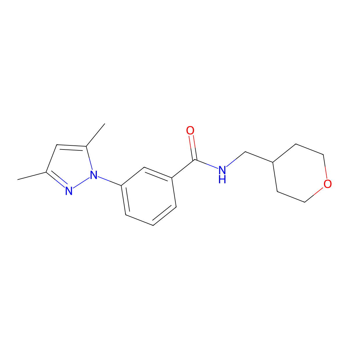 3-(3,5-dimethyl-1H-pyrazol-1-yl)-N-(tetrahydro-2H-pyran-4-ylmethyl)benzamide molecular structure, CAS 1401576-32-6