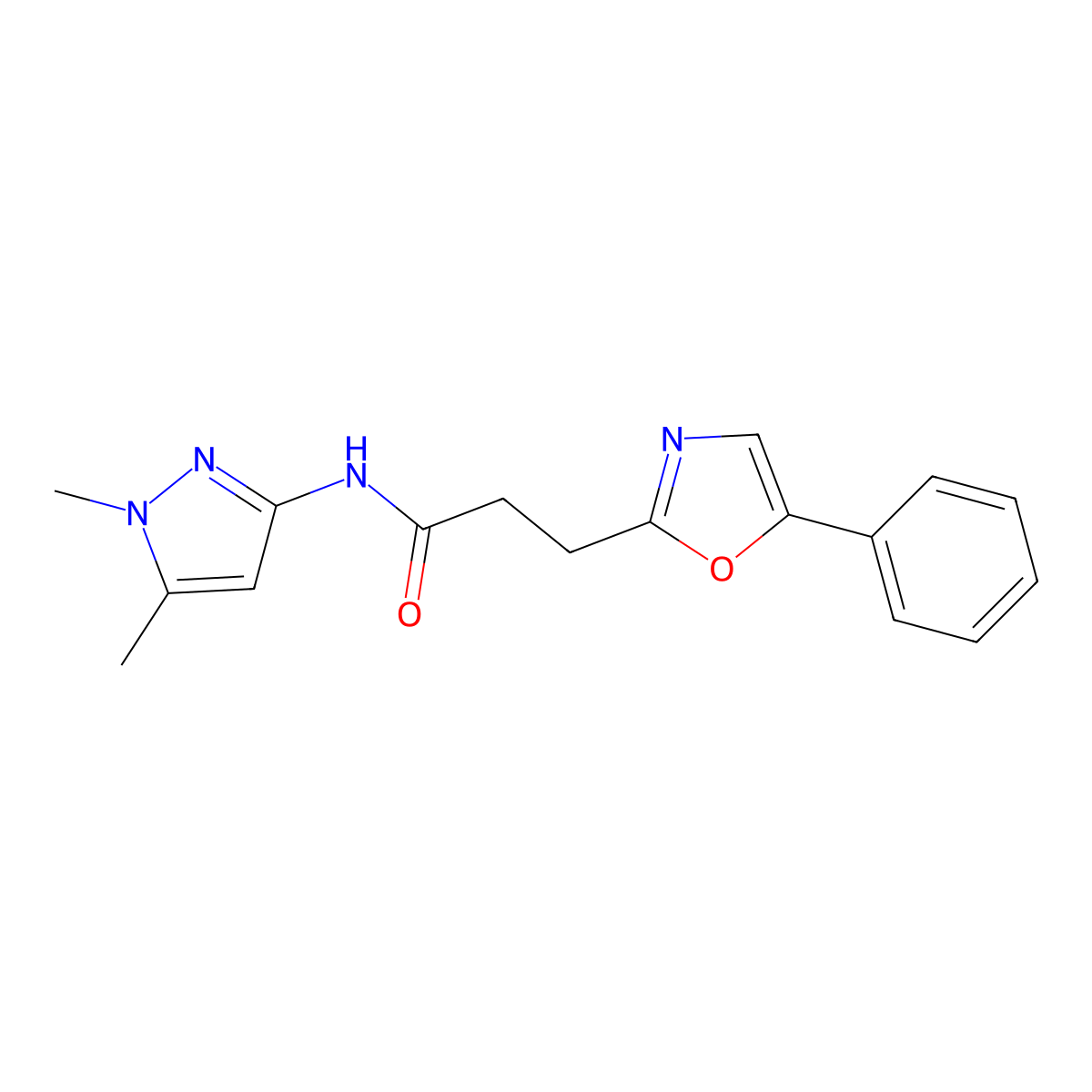 N-(1,5-dimethyl-1H-pyrazol-3-yl)-3-(5-phenyl-1,3-oxazol-2-yl)propanamide molecular structure, CAS 1401576-46-2