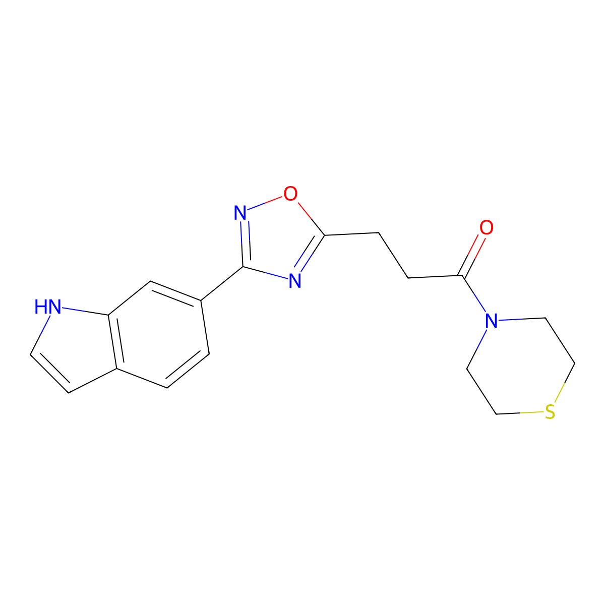 3-[3-(1H-indol-6-yl)-1,2,4-oxadiazol-5-yl]-1-(thiomorpholin-4-yl)propan-1-one molecular structure, CAS 1401576-57-5