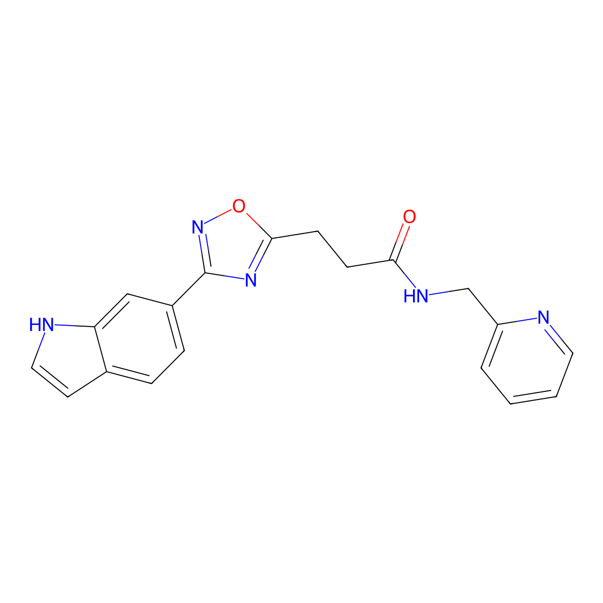 3-(3-(1H-indol-6-yl)-1,2,4-oxadiazol-5-yl)-N-(pyridin-2-ylmethyl)propanamide molecular structure, CAS 1401576-68-8