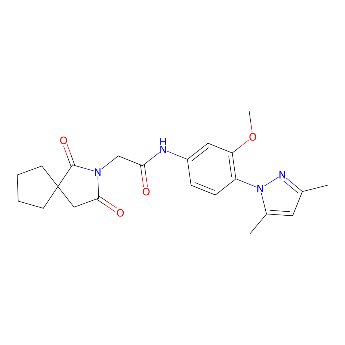N-[4-(3,5-dimethyl-1H-pyrazol-1-yl)-3-methoxyphenyl]-2-(1,3-dioxo-2-azaspiro[4.4]non-2-yl)acetamide molecular structure, CAS 1401577-16-9