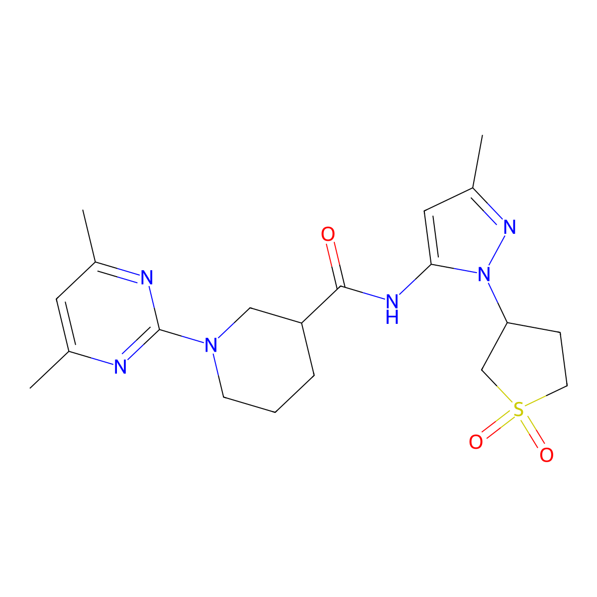 1-(4,6-dimethylpyrimidin-2-yl)-N-[1-(1,1-dioxidotetrahydrothiophen-3-yl)-3-methyl-1H-pyrazol-5-yl]piperidine-3-carboxamide molecular structure, CAS 1401577-36-3