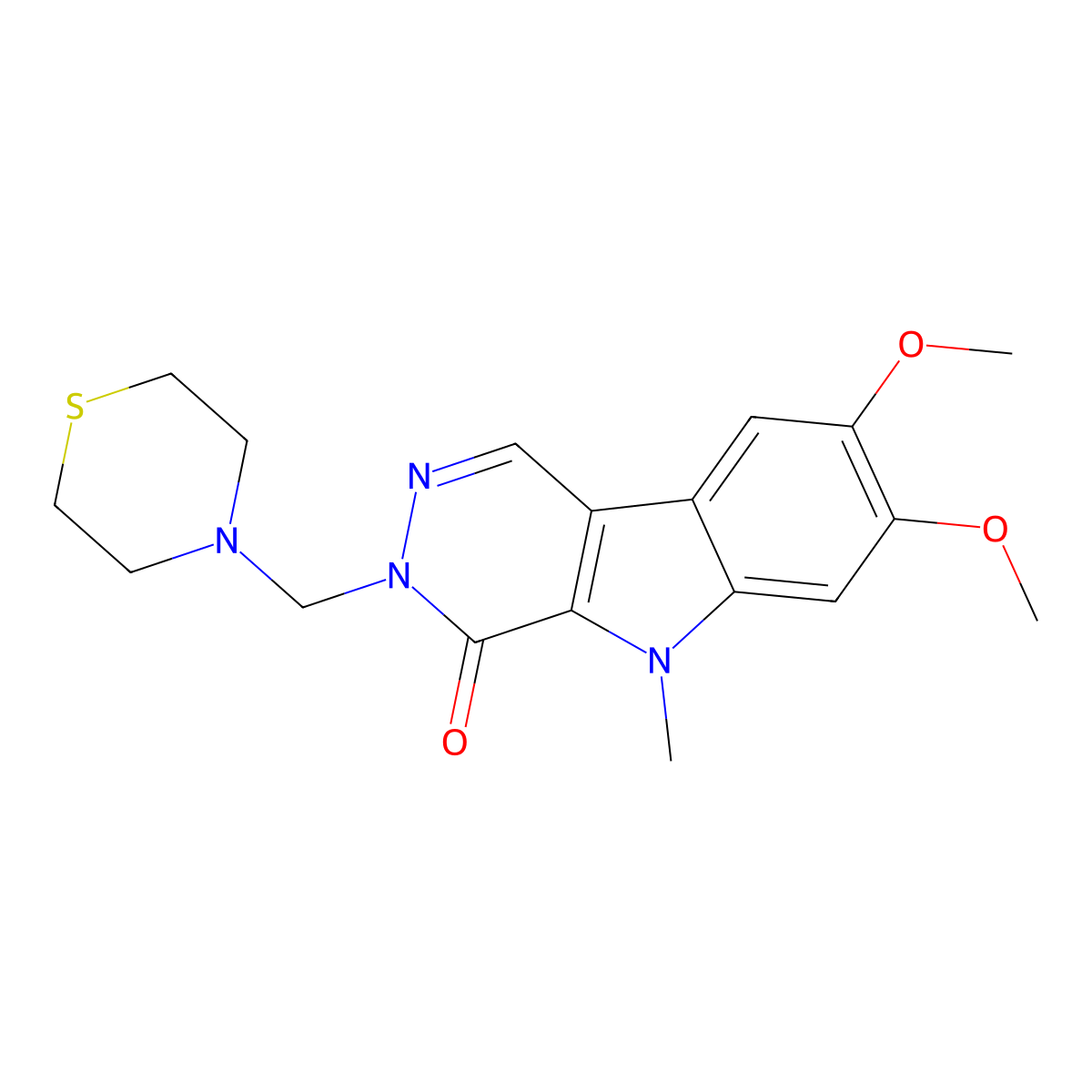 7,8-dimethoxy-5-methyl-3-(thiomorpholin-4-ylmethyl)-3,5-dihydro-4H-pyridazino[4,5-b]indol-4-one molecular structure, CAS 1401577-71-6